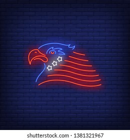 American national eagle neon sign. USA flag stars and strips, symbols, 4th of July holiday. Vector illustration in neon style for festive independence day banners, light billboards, flyers