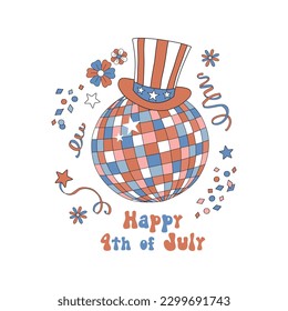 American national flag colores disco ball in festive hat vector illustration. Patriotic USA Independence Day pre-made card print design.