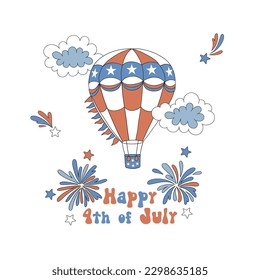 American national flag colores hot balloon fly in the sky with fireworks vector illustration. Patriotic USA Independence Day pre-made card print design.