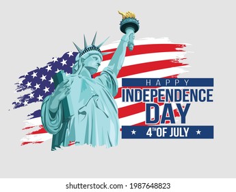 American national flag colors brushed paint with illustration of Statue of Liberty for 4th of July, happy Independence Day celebration.