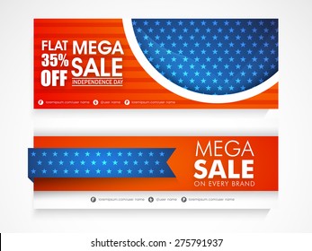 American national flag colors Mega Sale website header or banner set for Independence Day celebration.