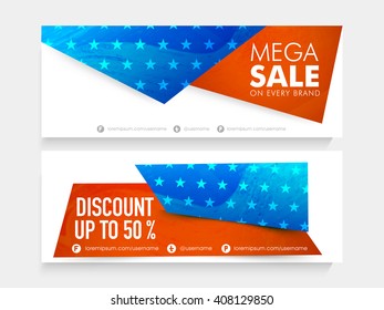 American National Flag colors, website header or banner set of Mega Sale with 50% Discount Offer on every brand on occasion of Independence Day celebration.