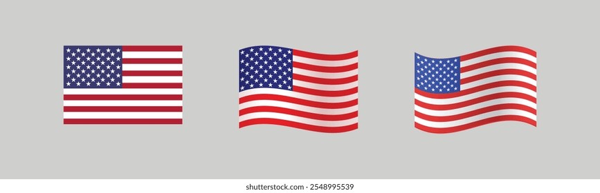 American national flag different shapes set. USA flags emblem. United States of America patriotic symbol set.