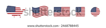 American national flag different shapes set. USA flags emblem. United States of America patriotic symbol set.