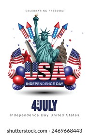 American national flag with Statue of Liberty for 4th of July, happy Independence Day celebration blue background. abstract vector illustration design
