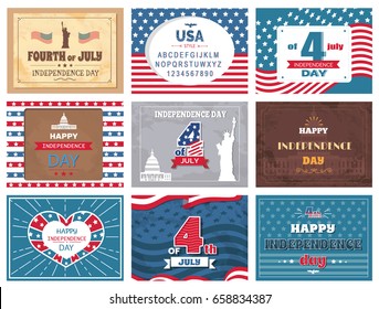 American national holiday, 4th of July collection of colorful greeting cards with traditional sightseeings and flag. Independence day template