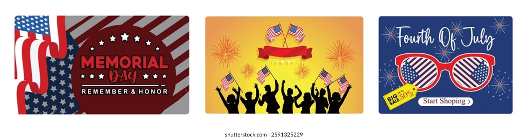 American national holiday. American Independence Day celebration. Sales promotion advertisement on Independence Day. Independence Day USA concept. Set flat vector illustration.
