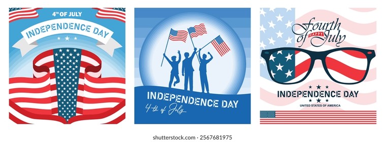 American national holiday. People wave American flags. American Independence Day Celebration. US Independence Day concept. Set flat vector illustration.