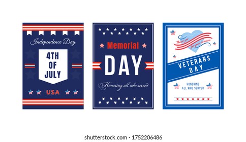 American national holiday poster flat vector templates set. Fourth of July. Brochure, booklet pages concept designs pack. USA Independence Day celebration flyer, leaflets collection