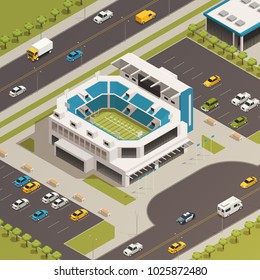 American national league football sport stadium with adjacent parking lots and busy streets isometric composition vector illustration