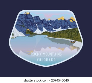 american national park, mountain lake print vector illustration
