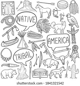 American Native Doodle Icon Set. America Vector Illustration Collection. Banner Hand Drawn Line Art Style.