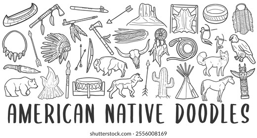 American Native doodle icon set. America Vector illustration collection. Banner Hand drawn Line art style.	