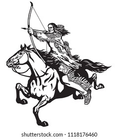 Arqueiro indígena nativo americano em um cavalo cavalgando em um cavalo pônei e atirando em um arco e uma flecha . Cavaleiro nômade guerreiro ou caçador em um mustang no galope . Vetor isolado em preto e branco