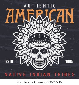 American native indian chief skull colored vintage print for t-shirt design vector illustration