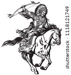 American native Indian chief wearing a feather warbonnet and riding a mustang pony horse in the gallop. Nomadic horseman archer warrior or hunter sitting on a horseback and holding a bow . Black and 