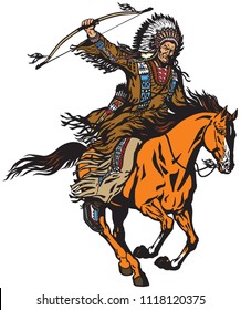 American Native Indian Chief Wearing A Feather War Bonnet And Riding A Mustang Pony Horse In The Gallop. Nomadic Horseman Archer Warrior Or Hunter Sitting On A Horseback And Holding A Bow . Isolated V