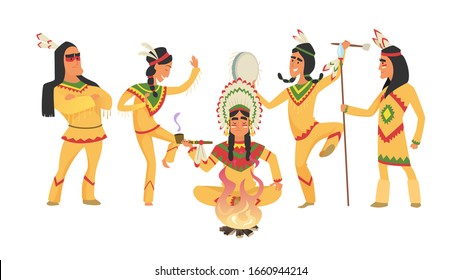 American native indians. Shaman and fire, ritual dancing people. Indian warriors vector illustration