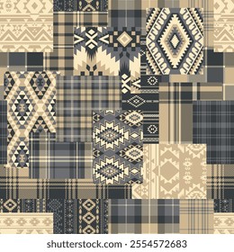 American native motifs and tartan plaid fabric patchwork abstract vector seamless pattern for scarf kerchief shirt fabric wrapping carpet rug pillow tablecloth