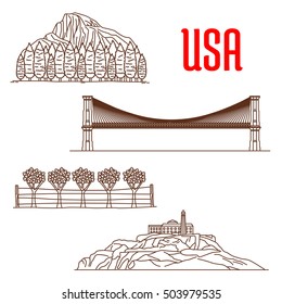 American nature landmarks and sightseeing symbols of Yosemite National Park, Napa Valley Viticultural Area, Brooklyn Bridge, Alcatraz Island. USA architecture and and national showplaces icons