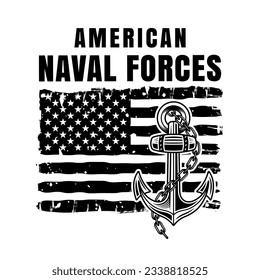 American naval forces vector illustration in monochrome style with USA flag and anchor isolated on white