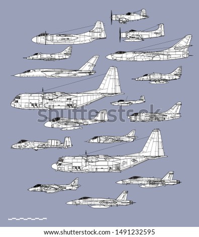 American navy and air force attack planes. Aircraft profiles. Vector illustration.