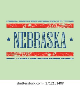 American Nebraska state text design. Grunge texture with red and blue colors / stars. United States of America USA theme.