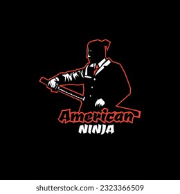 American ninja logo concept, man with tuxedo holding katana with samurai ponytail hair style logo e-sport