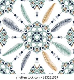 American north indian geometry seamless pattern. Native embroidery with feathers. Boho chic style. Hand drawn ornate background for fashion design, textile, paper, card and cover. Art print design