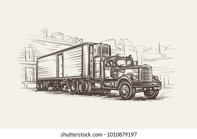 American Old Retro Truck hand drawn illustration. Vector. 