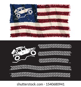 American Over Lander 4x4 Off Road Adventure Patriotic Tire Tread Flag Isolated Vector Illustration 