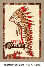 American painted War Bonnet Flyer or Vertical Poster for Tribal Party. Wild Spirit Feathers Warbonnet Hat. Native Indian Colorful Accessory. Halloween Costume Event Template.