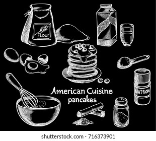 American Pancakes and Ingredients vector sketch