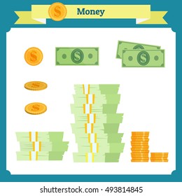 American paper dollar,business,finance,money,concept. Banking edition banknotes,bills isolated on white. Dollar US, wealth finance sign. Golden coins. icon for apps,websites