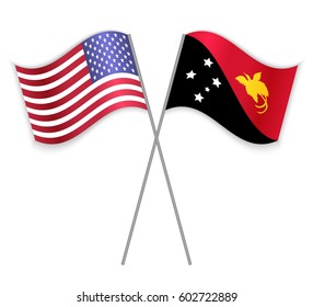 American and Papuan crossed flags. United States of America combined with Papua New Guinea isolated on white. Language learning, international business or travel concept.