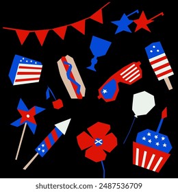 American Party Elements Including Fireworks, Hotdogs, sunglasses cake and Decorations in Red, White, and Blue for USA Celebration in cutout style on black