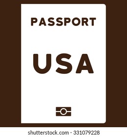 American Passport vector icon. Style is flat white symbol, rounded angles, brown background.