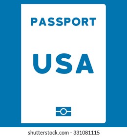 American Passport vector icon. Style is flat white symbol, rounded angles, blue background.