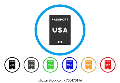 American Passport vector rounded icon. Image style is a flat gray icon symbol inside a blue circle. Bonus color versions are grey, black, blue, green, red, orange.