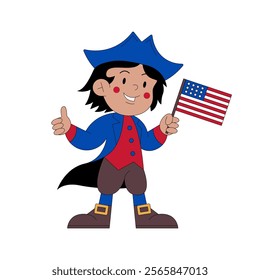 American patriot child with American flag in pirate costume. Children's character in cartoon style. Flat vector illustration isolated on white background.