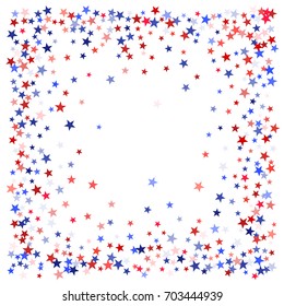 American Patriot Day background with star dust flying. Red and blue stars American patriotic background graphic design. Flying holiday confetti in USA flag colors for President Day celebration.