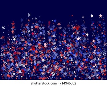 American Patriot Day falling stars on dark blue background. Holiday confetti in USA flag colors for President Day celebration. Red and blue stars American patriotic background graphic design. 