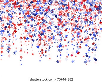 American Patriot Day flying and falling stars on white background. Holiday confetti in USA flag colors for President Day celebration. Red and blue stars American patriotic background graphic design. 