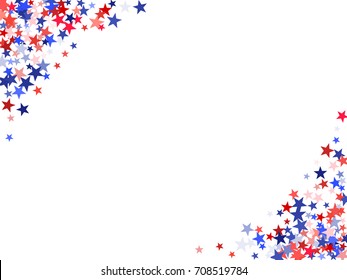 American Patriot Day flying stars frame corners background. Holiday confetti in USA flag colors for President Day celebration. Red and blue stars American patriotic background graphic design. 