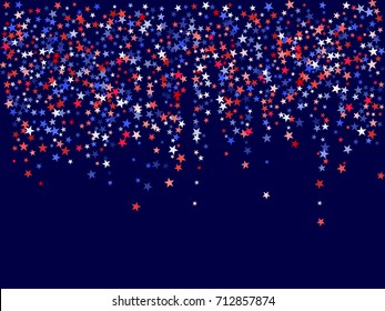 American Patriot Day flying stars on dark blue background. Holiday confetti in USA flag colors for President Day celebration. Red and blue stars American patriotic background graphic design. 