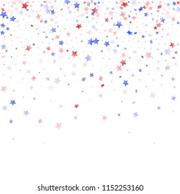 American Patriot Day stars background. Holiday confetti in USA flag colors for Patriot Day.  Festive red blue white stars on white American patriotic vector. 4th of July holiday stardust.