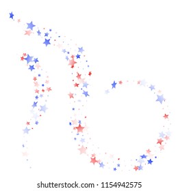 American Patriot Day stars background. Confetti in US flag colors for Independence Day.  Simple red blue white stars on white American patriotic vector. July 4th stardust confetti.