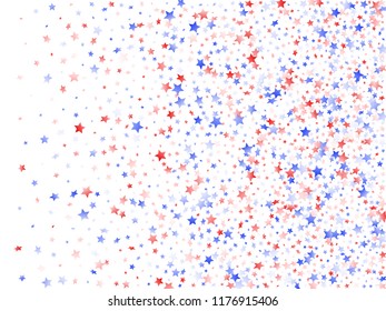 American Patriot Day stars background. Confetti in US flag colors for Independence Day.  Solemn red blue white stars on white American patriotic vector. July 4th stardust elements.