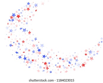 American Patriot Day stars background. Confetti in USA flag colors for Independence Day. Stylish red blue white stars on white American patriotic vector. July 4th stardust elements.