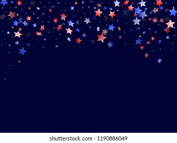 American Patriot Day stars background. Confetti in US flag colors for Independence Day. Simple red blue white stars on dark American patriotic vector. Fourth of July stardust scatter.